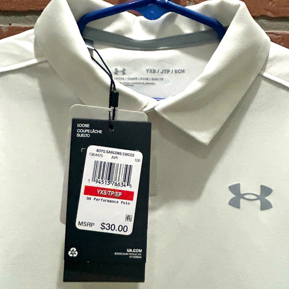 Under Armour boys YXS white polo style golf shirt NWT
